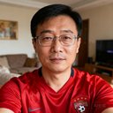 一位戴眼镜的中国男性球迷头像，约35岁，身穿红色足球T恤，背景为家中客厅